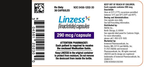 NDC 0456-1202-30
Rx Only
30 CAPSULES
Linzess
(linaclotide) capsules
290 mcg/capsule

