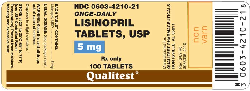 This is an image of the label for 5 mg Lisinopril Tablets, USP.
