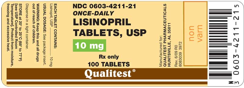 This is an image of the label for 10 mg Lisinopril Tablets, USP.