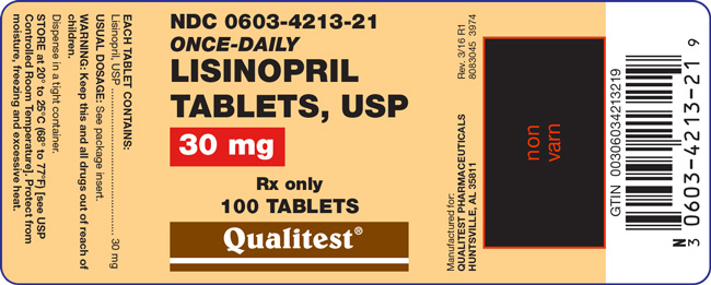 This is an image of the label for 30 mg Lisinopril Tablets, USP.