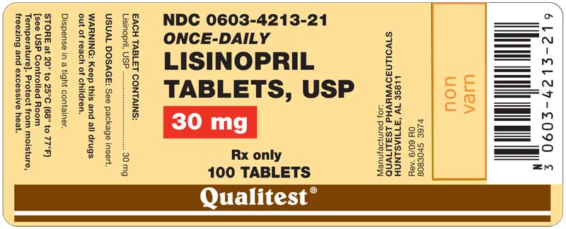This is an image of the label for 30 mg Lisinopril Tablets, USP.