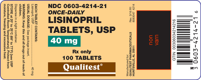This is an image of the label for 40 mg Lisinopril Tablets, USP.