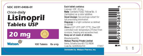 PRINCIPAL DISPLAY PANEL NDC 0591-0408-01 Once-daily Lisinopril Tablets USP 20mg