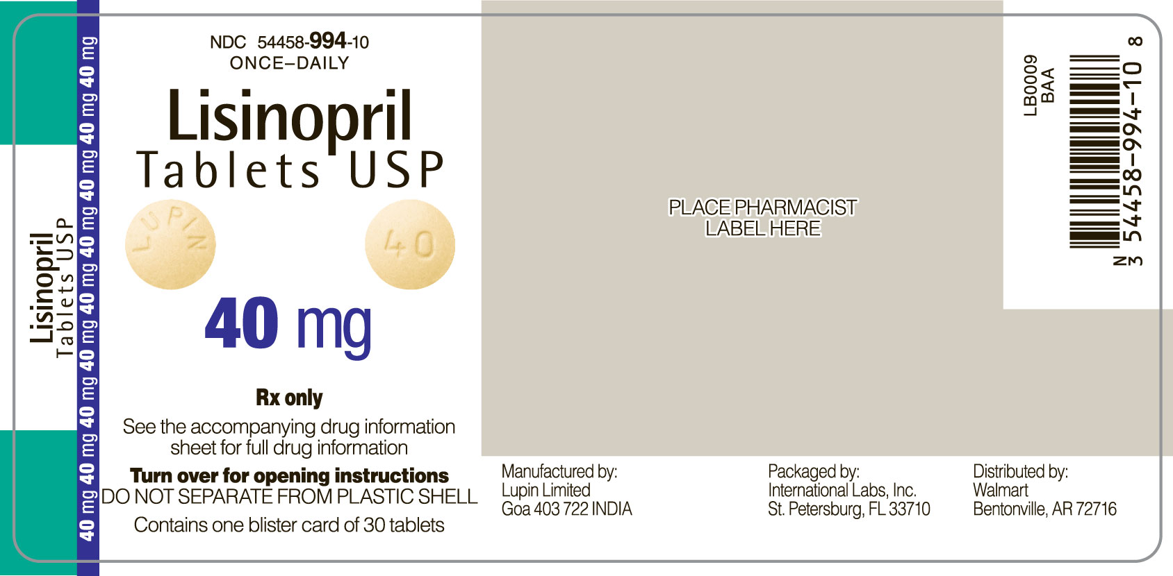 Lisinopril 40 mg front label