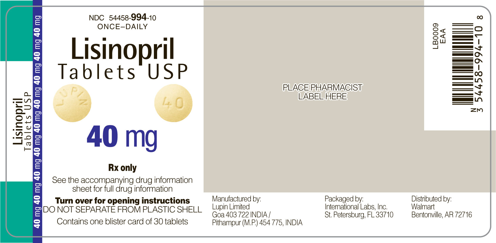 Lisinopril 40 mg front label