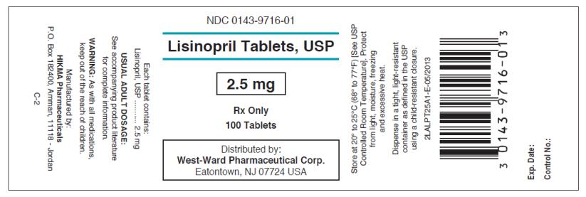 NDC 0143-9716-01 Lisinopril Tablets, USP 2.5 mg Rx Only 100 Tablets West-Ward Pharmaceutical Corp.