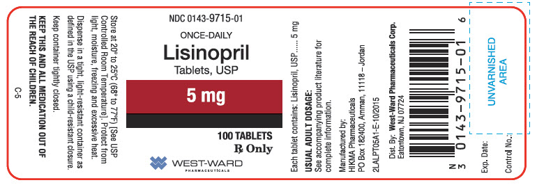 NDC 0143-9715-01 Lisinopril Tablets, USP 5 mg Rx Only 100 Tablets West-Ward Pharmaceuticals Corp.