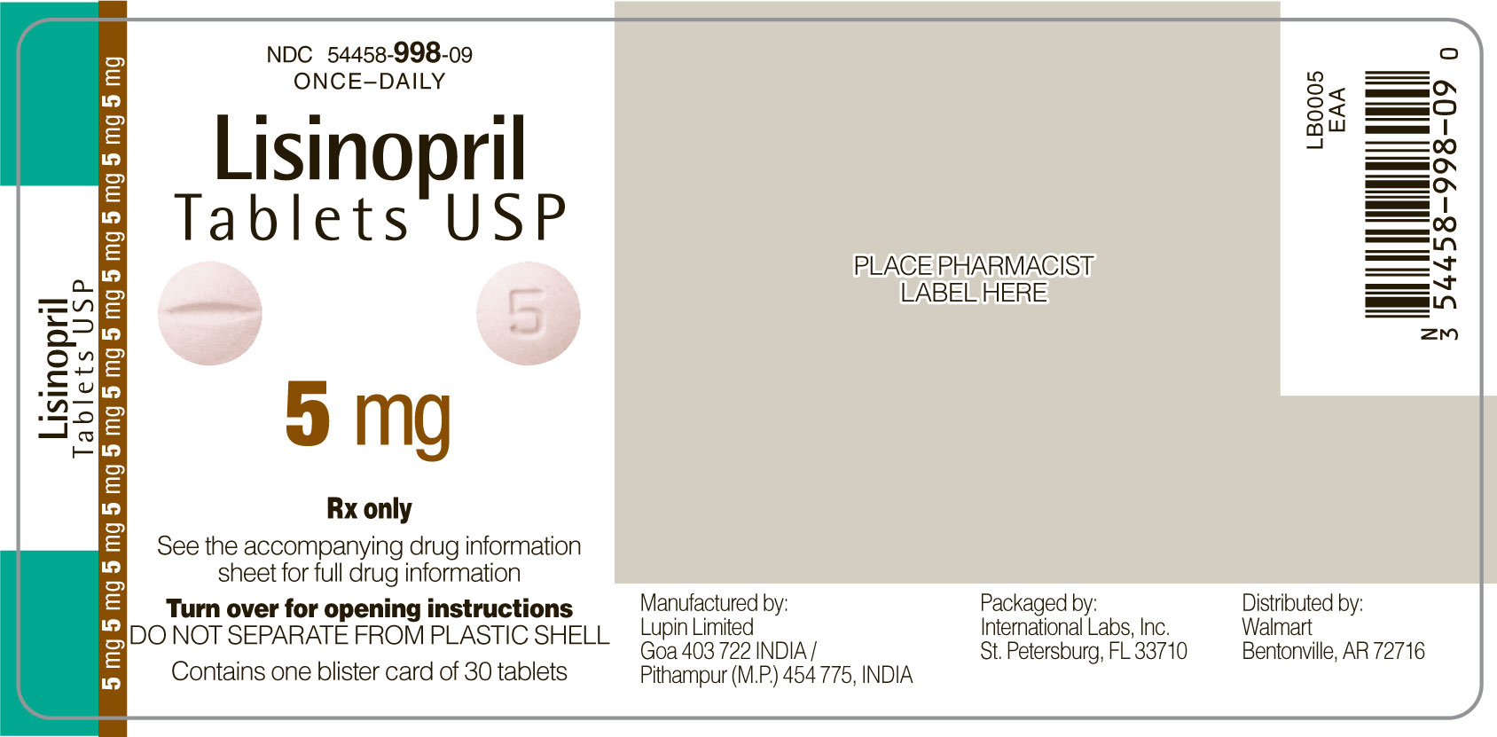 Lisinopril 5 mg front label