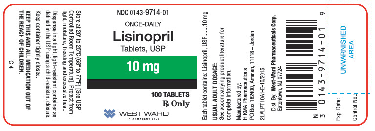 NDC 0143-9714-01 Lisinopril Tablets, USP 10 mg Rx Only 100 Tablets West-Ward Pharmaceuticals Corp.