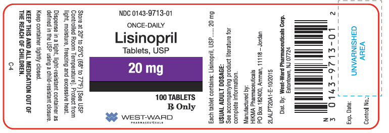 NDC 0143-9713-01 Lisinopril Tablets, USP 20 mg Rx Only 100 Tablets West-Ward Pharmaceuticals Corp.