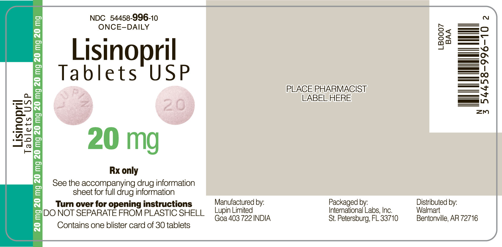 Lisinopril 20 mg front label