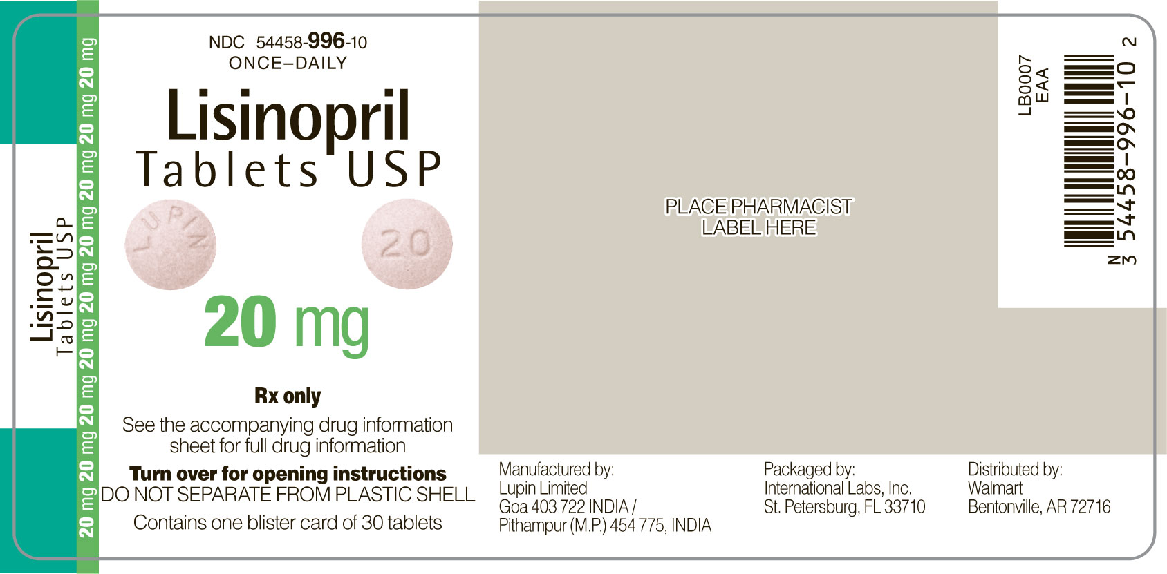 Lisinopril 20 mg front label