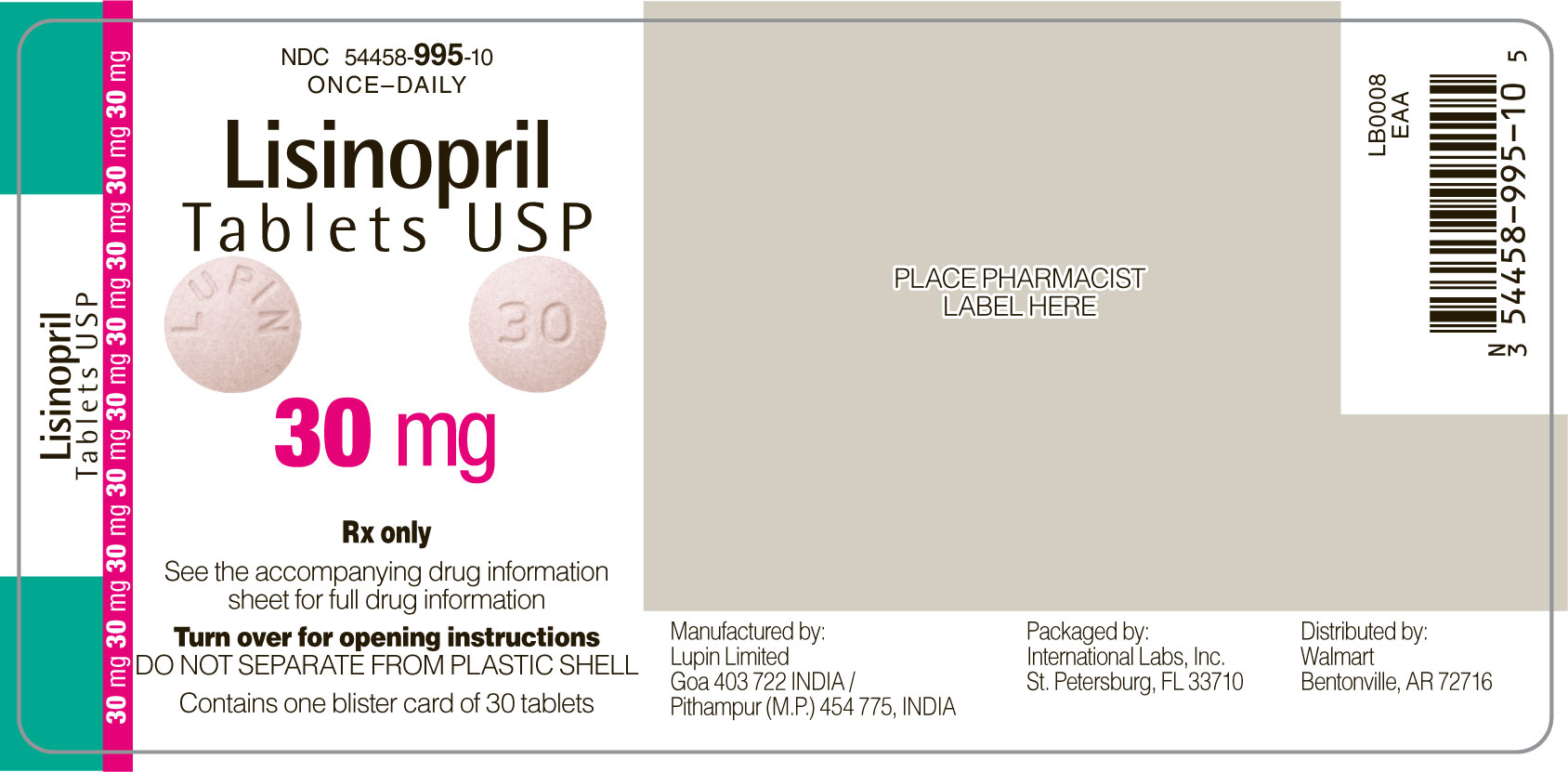 Lisinopril 30 mg front label