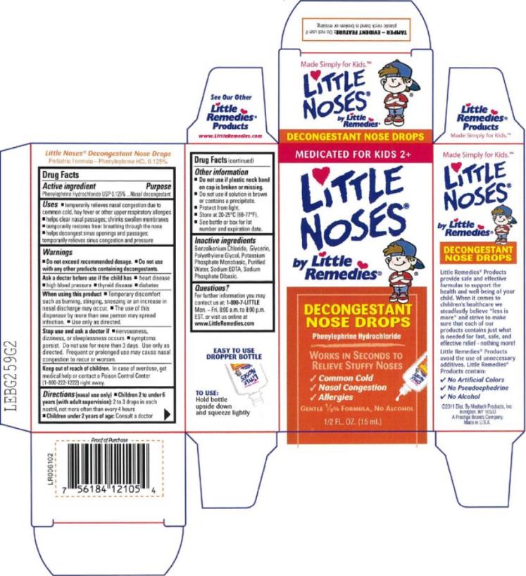 MEDICATED FOR KIDS 2+
Little Noses® by Little Remedies®
DECONGESTANT NOSE DROPS
Phenylephrine Hydrochloride
GENTLE 1/8% FORMULA, NO ALCOHOL
½ FL. OZ. (15 mL)
