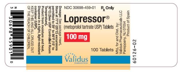NDC 30698-459-01
Lopressor
(metoprolol tartrate USP) Tablets
100 mg
100 Tablets
Rx Only
