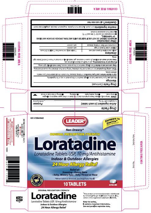 This is the 10 count blister carton label for Leader Loratadine tablets USP, 10 mg.