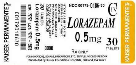 This is an image of the label for Lorazepam Tablets, USP 0.5 mg 30 count.