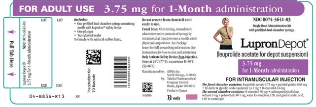 NDC 0074-3641-03 
FOR ADULT USE 3.75 mg for 1 - Month administration 
Single Dose Administration Kit with prefilled dual-chamber syringe. 
LupronDepot®
(leuprolide acetate for depot suspension) 
3.75 mg for 1 - Month administration 
FOR INTRAMUSCULAR INJECTION 
The front chamber contains: leuprolide acetate 3.75 mg, purified gelatin 0.65 mg, DL-lactic & glycolic acids copolymer 33.1 mg, D-mannitol 6.6 mg 
The second chamber contains: D-mannitol 50 mg, carboxymethylcellulose sodium 5 mg, polysorbate 80 1 mg, water for injection, USP, and glacial acetic acid, USP to control pH 
Rx only 
