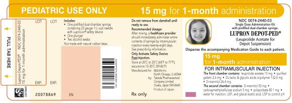NDC 0074-2440-03 
PEDIATRIC USE ONLY 15 mg for 1-month administration 
Single Dose Administration Kit with prefilled dual-chamber syringe. 
LUPRON DEPOT-PED®
(Leuprolide Acetate for Depot Suspension) 
Dispense the accompanying Medication Guide to each patient. 
15 mg for 1-month administration 
FOR INTRAMUSCULAR INJECTION 
The front chamber contains: leuprolide acetate 15 mg۰purified gelatin 2.6 mg۰DL-lactic & glycolic acids copolymer 132.4 mg۰D-mannitol 26.4 mg 
The second chamber contains: D-mannitol 50 mg۰ carboxymethylcellulose sodium 5 mg۰polysorbate 80 1 mg۰water for injection, USP and glacial acetic acid, USP to control pH 
Rx only 
