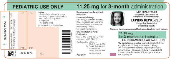 NDC 0074-3779-03 
PEDIATRIC USE ONLY 11.25 mg for 3-month administration 
Single Dose Administration Kit with prefilled dual-chamber syringe. 
LUPRON DEPOT-PED® (Leuprolide Acetate for Depot Suspension) 
Dispense the accompanying Medication Guide to each patient. 
11.25 mg for 3-month administration 
FOR INTRAMUSCULAR INJECTION 
The front chamber contains: leuprolide acetate 11.25 mg۰polylactic acid 99.3 mg۰D-mannitol 19.45 mg 
The second chamber contains: carboxymethylcellulose sodium 7.5 mg۰D-mannitol 75.0 mg۰polysorbate 80 1.5 mg۰water for injection, USP, and glacial acetic acid, USP to control pH 
Rx only 
