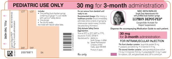 NDC 0074-9694-03 
PEDIATRIC USE ONLY 30 mg for 3-month administration 
Single Dose Administration Kit with prefilled dual-chamber syringe 
LUPRON DEPOT-PED®
(Leuprolide Acetate for Depot Suspension) 
Dispense the accompanying Medication Guide to each patient. 
30 mg for 3-month administration 
FOR INTRAMUSCULAR INJECTION 
The front chamber contains: leuprolide acetate 30 mg۰polylactic acid 264.8 mg۰D-mannitol 51.9 mg 
The second chamber contains: carboxymethylcellulose sodium 7.5 mg۰D-mannitol 75.0 mg۰polysorbate 80 1.5 mg۰water for injection, USP, and glacial acetic acid, USP to control pH 
Rx only 
