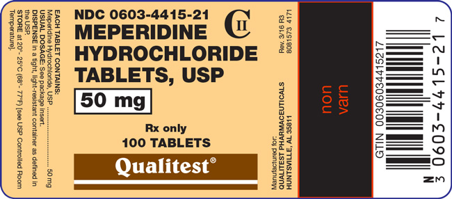 This is an image of the label for Meperidine Hydrochloride Tablets, USP 50 mg 100 count.