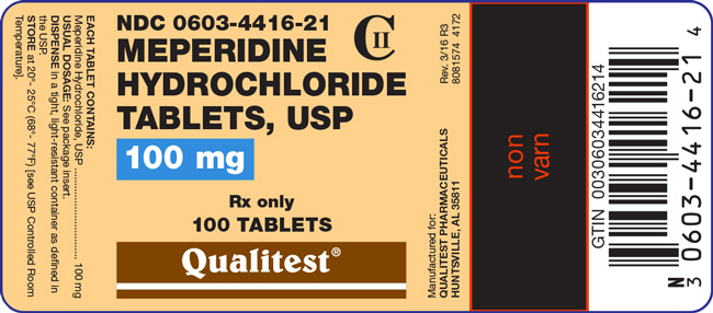 This is an image of the label for Meperidine Hydrochloride Tablets, USP 100 mg 100 count.