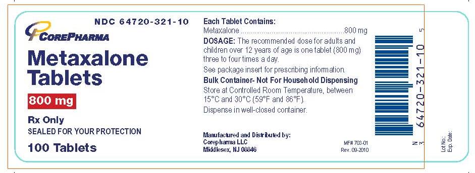 Metaxalone Tablets 800 mg 
NDC 64720-321-10
100 Tablets
