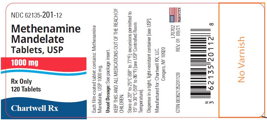Methenamine Mandelate Tablets, USP 1000 mg - NDC 62135-201-12 - 120 Tablets Label