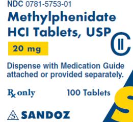 PRINCIPAL DISPLAY PANEL
Package Label – 20 mg 
Rx Only		NDA 0781-5753-01
Methylphenidate HCl Tablets, USP
20 mg
100 Tablets
Dispense with Medication Guide attached or provided separately.
