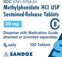 PRINCIPAL DISPLAY PANEL
Package Label – 20 mg 
Rx Only		NDA 0781-5754-01
Methylphenidate HCl USP
Sustained-Release Tablets
20 mg
100 Tablets
Dispense with Medication Guide attached or provided separately.
