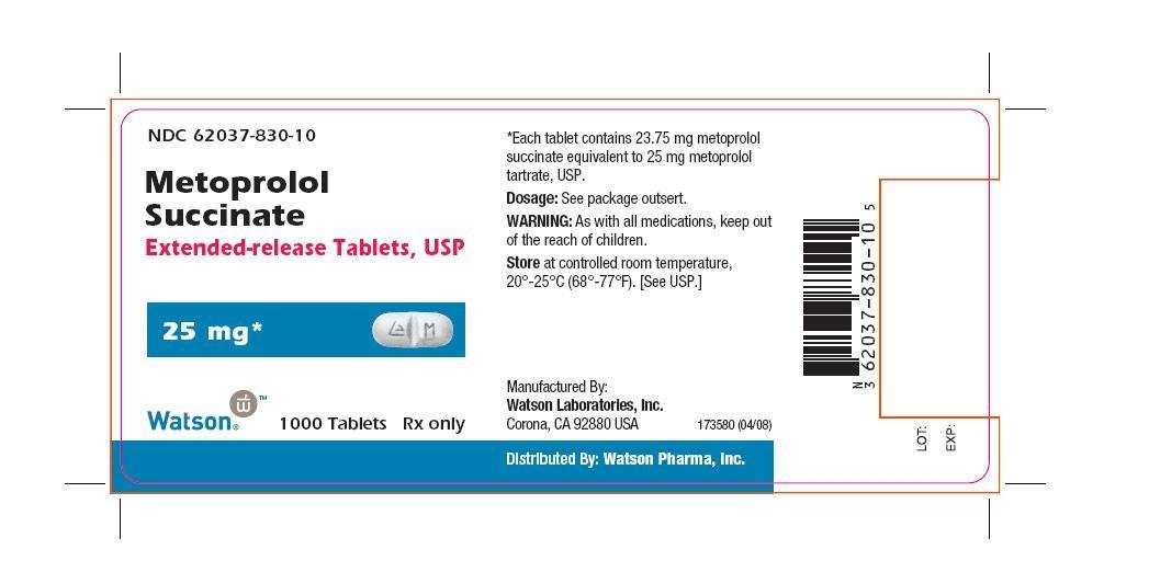 NDC 62037-830-10
Metoprolol Succinate
Extended-release Tablets, USP
25 mg
1000 Tablets Rx Only