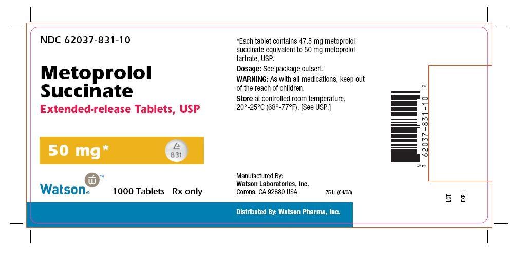 NDC 62037-831-10
Metoprolol Succinate
Extended-release Tablets, USP
50 mg
1000 Tablets Rx Only