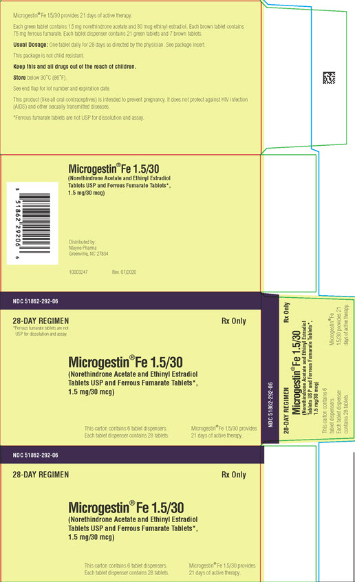 PRINCIPAL DISPLAY PANEL NDC 51862-292-06 Microgestin Fe 1.5/30 (Norethindrone Acetate and Ethinyl Estradiol Tablets USP and Ferrous Fumarate Tablets*, 1.5 mg/ 30 mcg) *ferrous fumarate tablets are not USP for dissolution and assay 6 Tablet Dispensers 28 Day Regimen