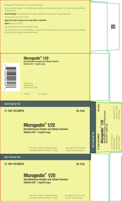 PRINCIPAL DISPLAY PANEL NDC 51862-007-06 Microgestin 1/20 (Norethindrone Acetate and Ethinyl Estradiol Tablets USP, 1 mg/ 20 mcg) 6 Tablets Dispensers 21 Day Regimen