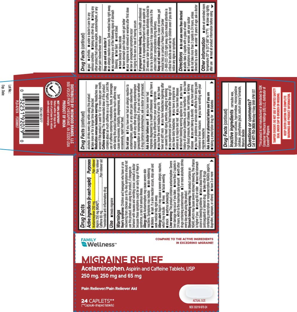 Acetaminophen 250 mg, Aspirin 250 mg (NSAID*), Caffeine 65 mg, *nonsteroidal anti-inflammatory drug