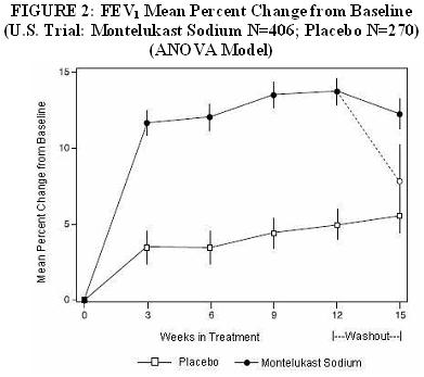 FIGURE 2: FEV1 Mean Percent Change from Baseline (U.S. Trial: Montelukast Sodium N=406; Placebo N=270) (ANOVA Model)