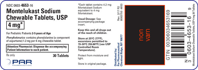 This is a label for Montelukast Sodium Chewable Tablets, USP 4 mg 30 Tablets.
