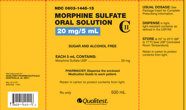 This is an image of the carton for Morphine Sulfate Oral Solution 20 mg/5 mL.