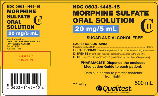 This is an image of the label for Morphine Sulfate Oral Solution 20 mg/5 mL.