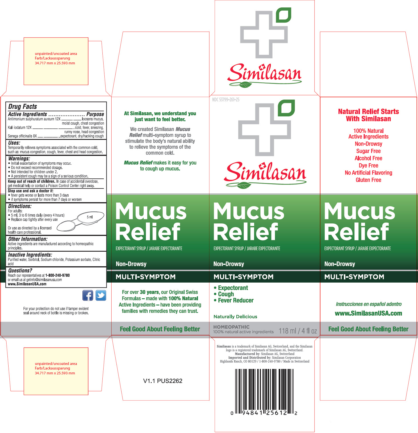 NDC 53799-261-25 Similasan Mucus Relief Expectorant Syrup / Jarabe Expectorante Non-Drowsy MULTI-SYMPTOM Expectorant Cough Fever Reducer Naturally Delicious HOMEOPATHIC 100% natural active ingredients 118ml / 4 fl oz