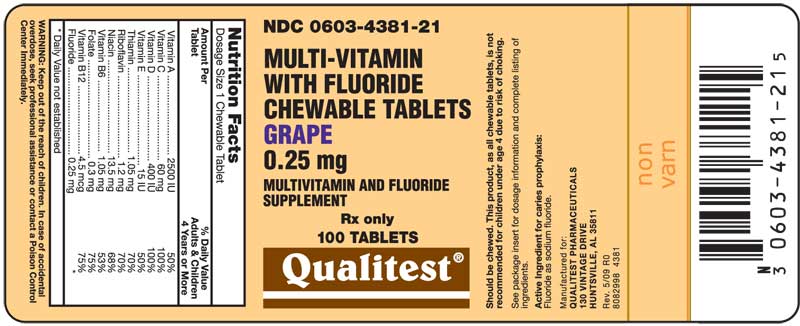 This is an image of the label for 0.25mg Multi-Vitamin with Fluoride Chewable Tablets.