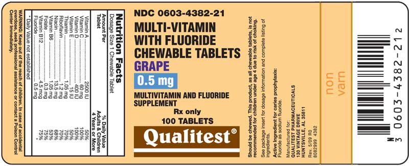 This is an image of the label for 0.5mg Multi-Vitamin with Fluoride Chewable Tablets.