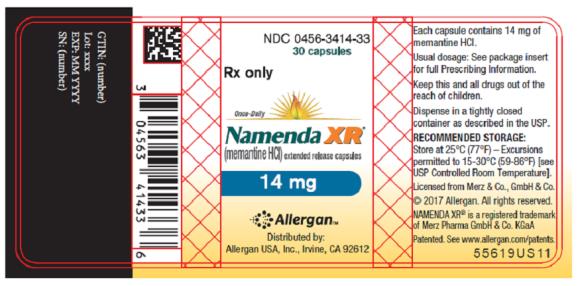 NDC 0456-3414-33
30 capsules
Rx only
Once-Daily
Namenda XR®
(memantine HCI) extended release capsules
14 mg
