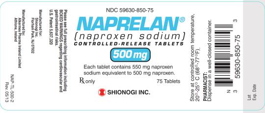 NDC 59630-850-75
NAPRELAN
(naproxen sodium)
CONTROLLED-RELEASED TABLETS
500 mg
Rx only 75 Tablets
SHIONOGI INC
