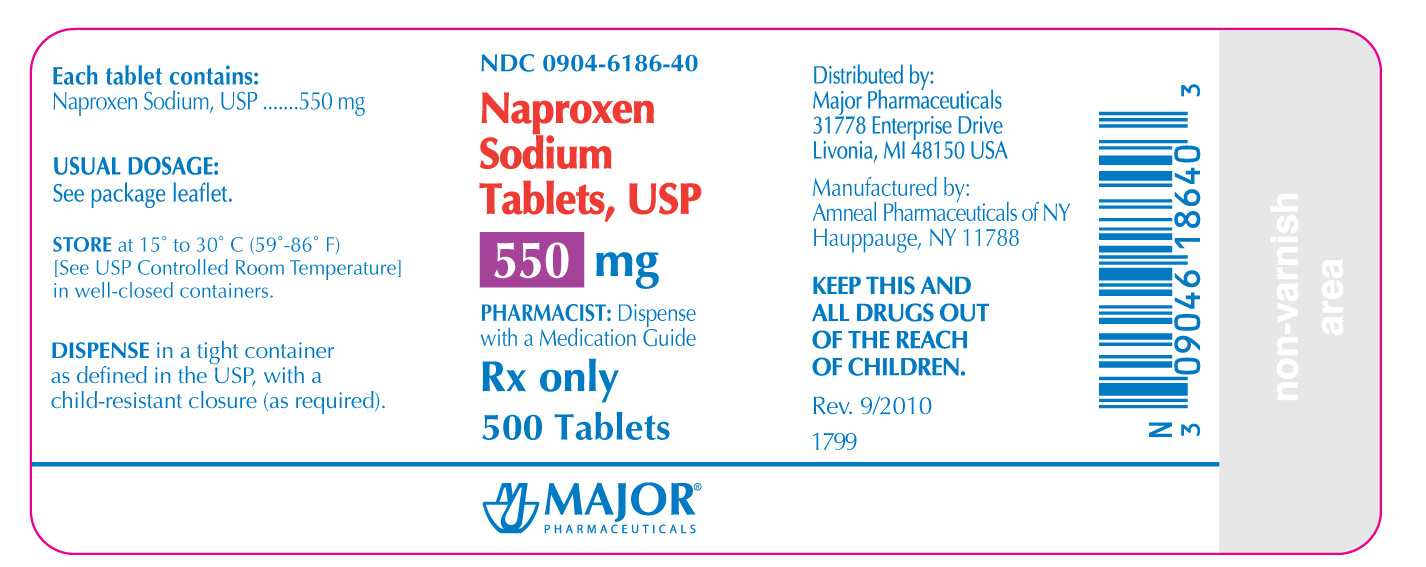 NDC 0904-6186-40 

Naproxen Sodium

Tablets, USP

550mg

Rx Only

500 tablets

Major Pharmaceuticals

