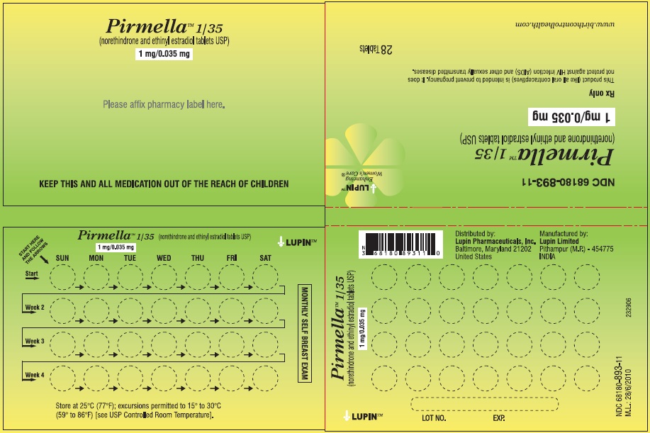 Pirmella 1/35
(norethindrone and ethinyl estradiol tablets USP)
1 mg/0.035 mg
Rx Only
NDC 68180-893-11
											Wallet Label: 28 Tablets