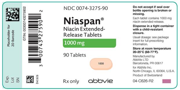 NDC 0074-3275-90 
Niaspan®
Niacin Extended-Release Tablets 1000 mg 90 Tablets 
Rx only abbvie 
