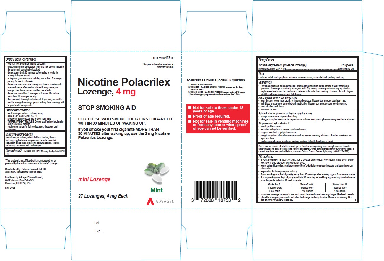 nicotine Polacrilex Lozenge, 4 mg - NDC 72888-187-53 - 27s Carton Label