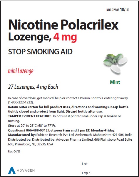 nicotine Polacrilex Lozenge, 4 mg - NDC 72888-187-53 - 27s Container Label